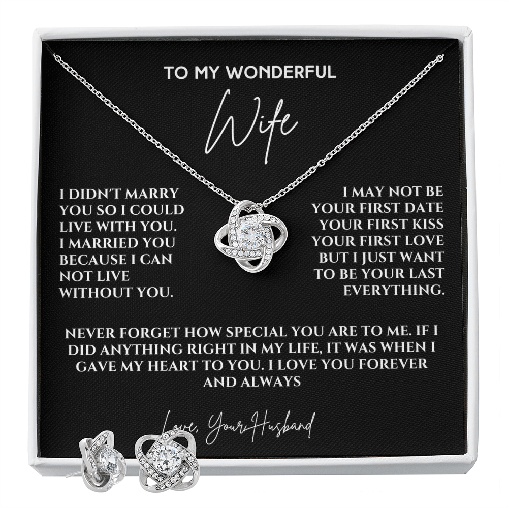 Forever & Always: Love Knot Earring & Necklace Set with Heartfelt Message for My Wife