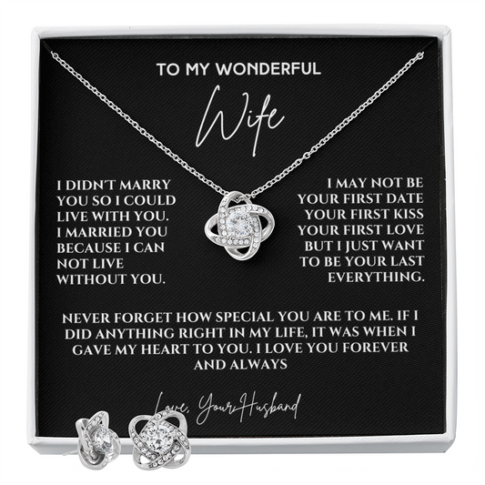 Forever & Always: Love Knot Earring & Necklace Set with Heartfelt Message for My Wife