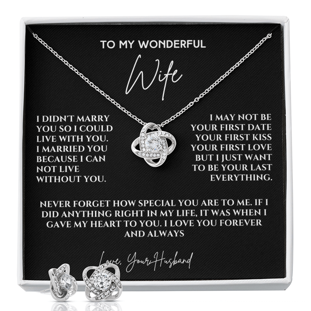 Forever & Always: Love Knot Earring & Necklace Set with Heartfelt Message for My Wife