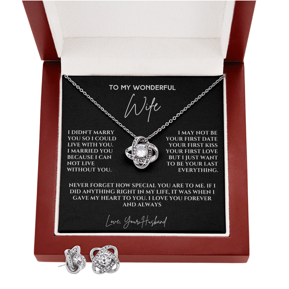 Forever & Always: Love Knot Earring & Necklace Set with Heartfelt Message for My Wife