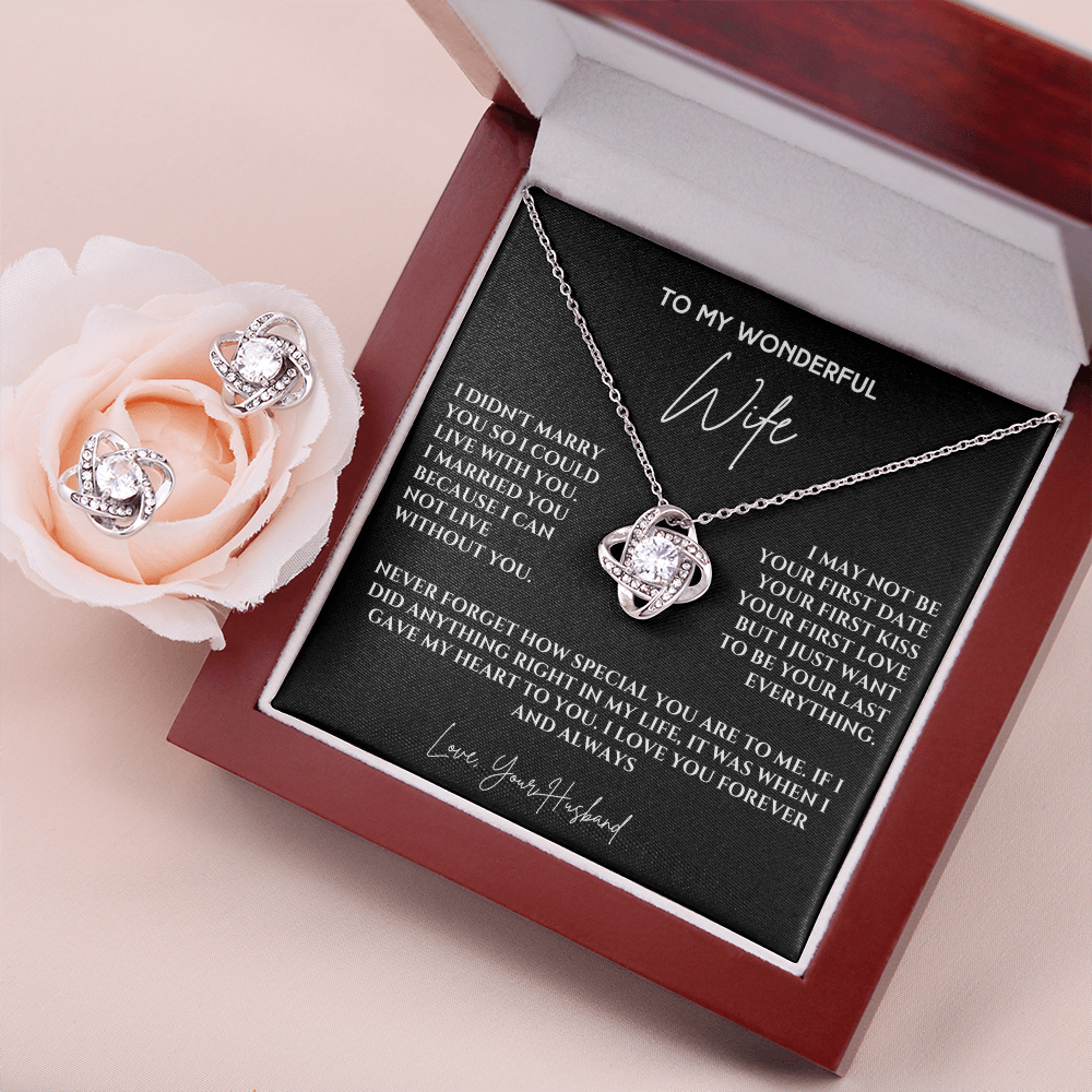 Forever & Always: Love Knot Earring & Necklace Set with Heartfelt Message for My Wife