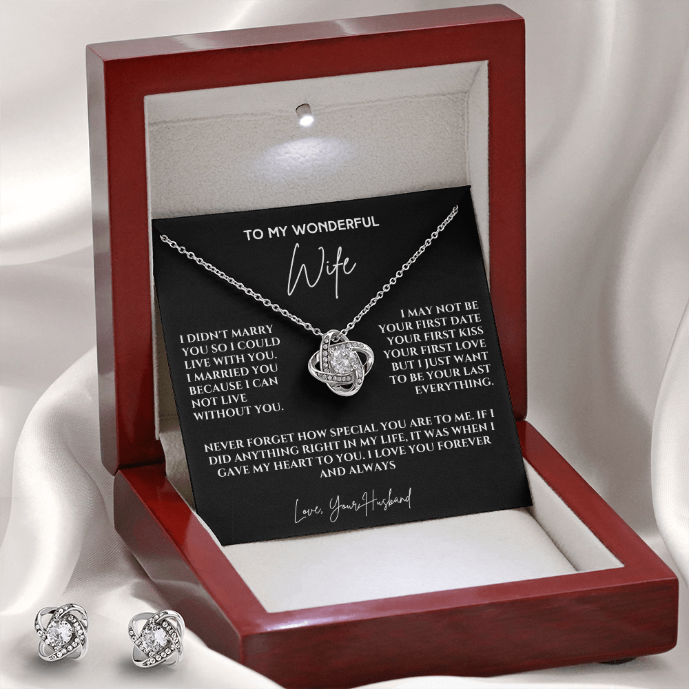 Forever & Always: Love Knot Earring & Necklace Set with Heartfelt Message for My Wife