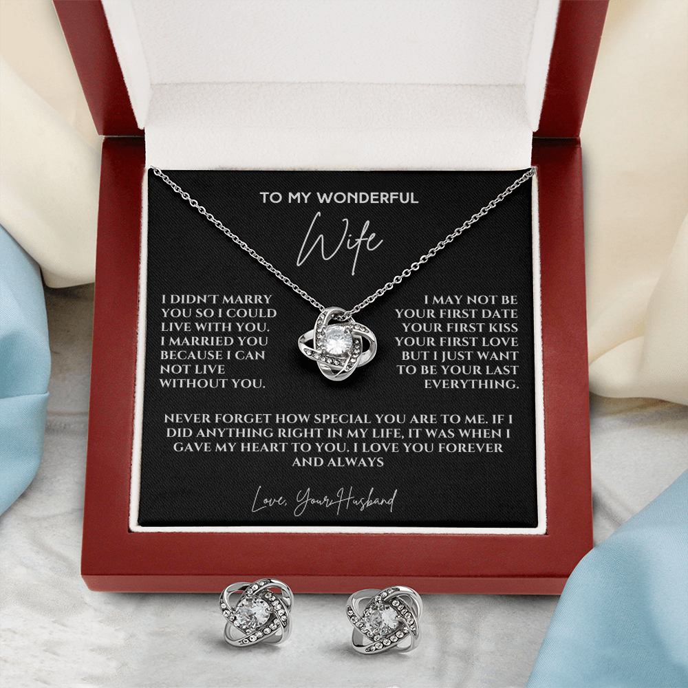 Forever & Always: Love Knot Earring & Necklace Set with Heartfelt Message for My Wife