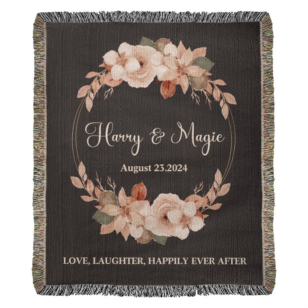 Personalized Name Wedding GIft Woven Blanket Love, Laughter, Happily Ever After Black