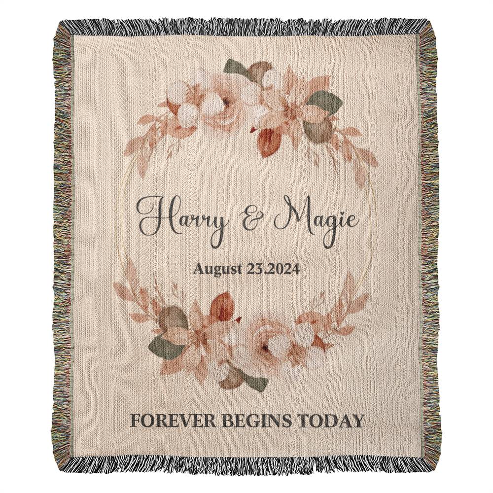 Personalized Name Wedding GIft Woven Blanket Forever Begins Today Cream