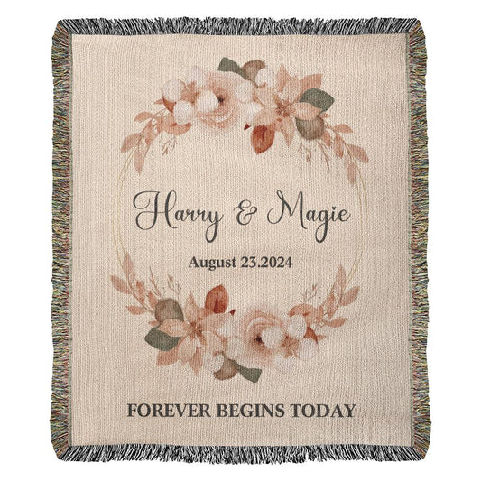 Personalized Name Wedding GIft Woven Blanket Forever Begins Today Cream