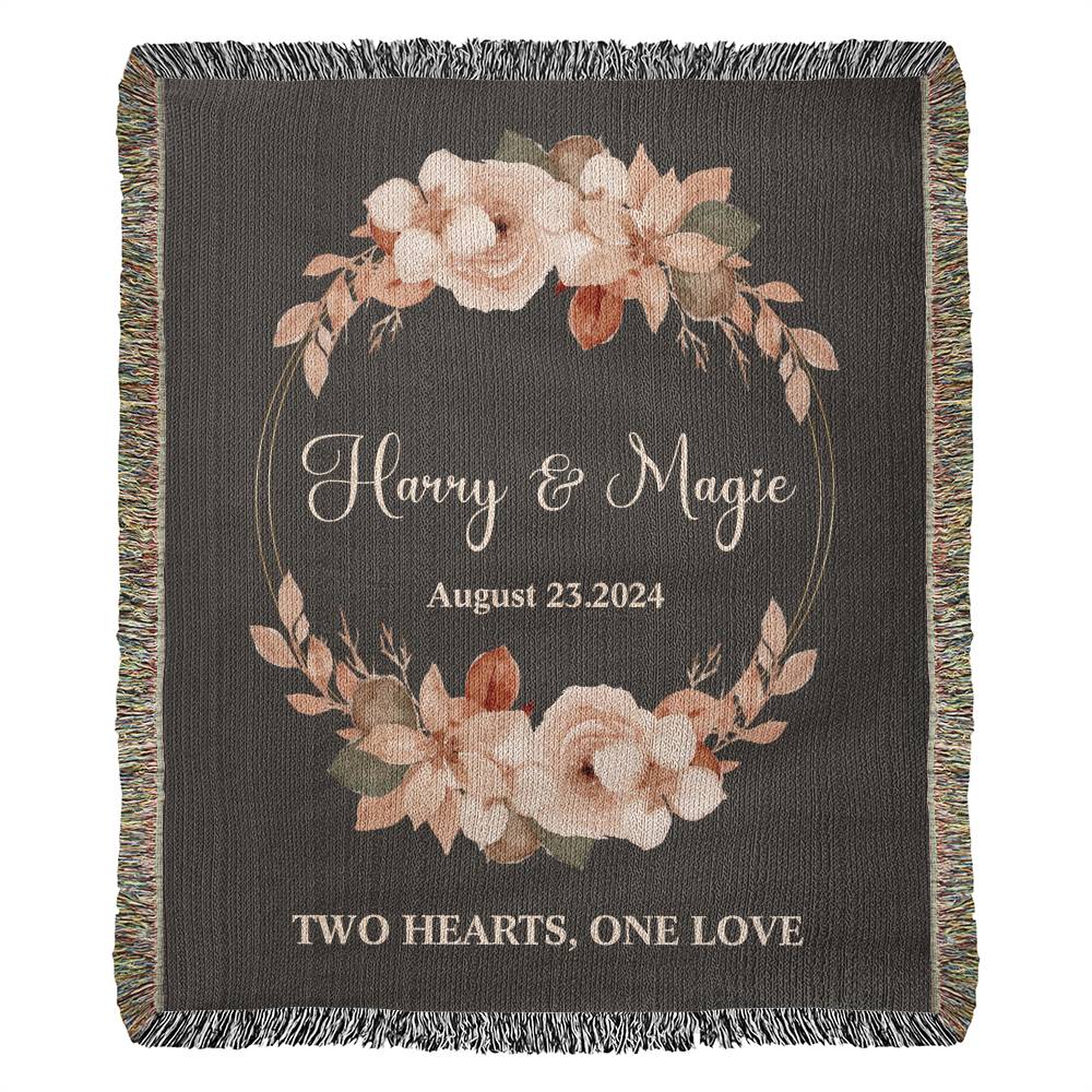 Personalized Name Wedding GIft Woven Blanket Two Hearts One Love Black