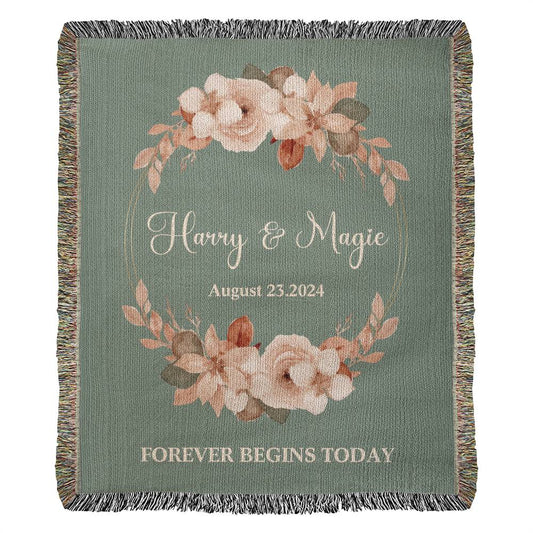 Personalized Name Wedding GIft Woven Blanket Forever Begins Today Green