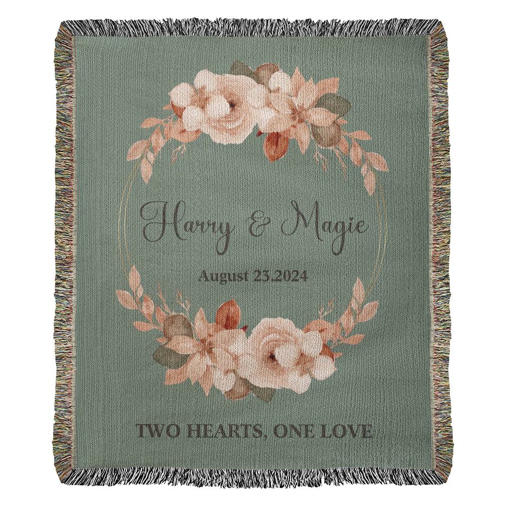 Personalized Name Wedding GIft Woven Blanket Two Hearts One LOve Green