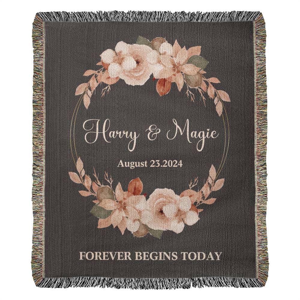 Personalized Name Wedding GIft Woven Blanket Forever Begins Today Black