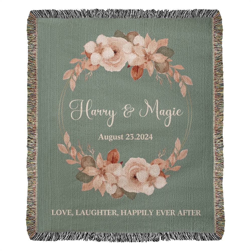 Personalized Name Wedding GIft Woven Blanket Love, Laughter, Happily Ever After Green