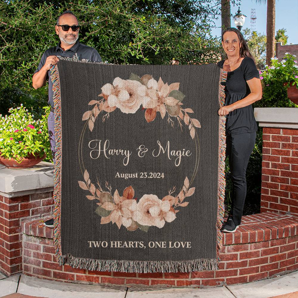 Personalized Name Wedding GIft Woven Blanket Two Hearts One Love Black