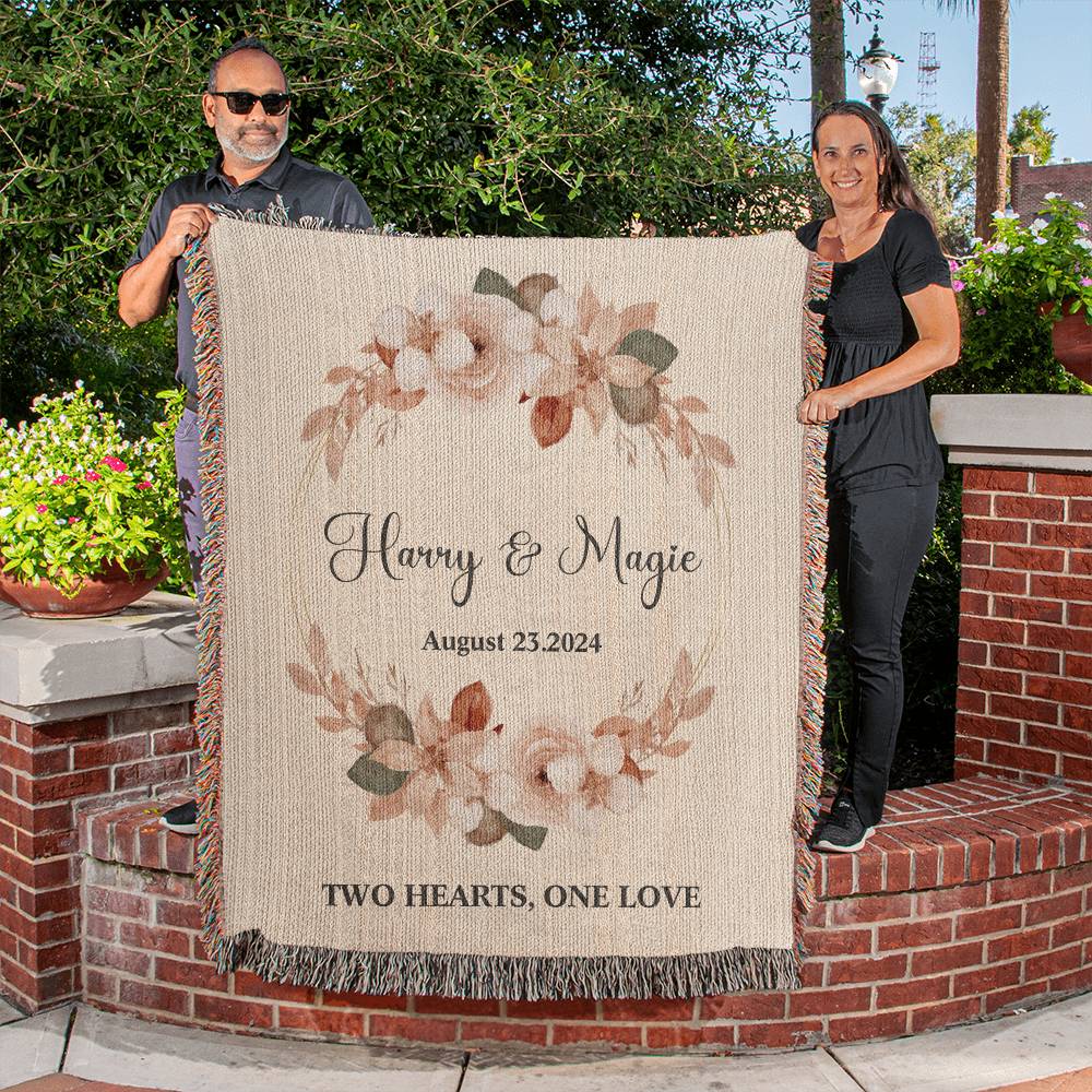 Personalized Name Wedding GIft Woven Blanket Two Hearts One LOve Cream