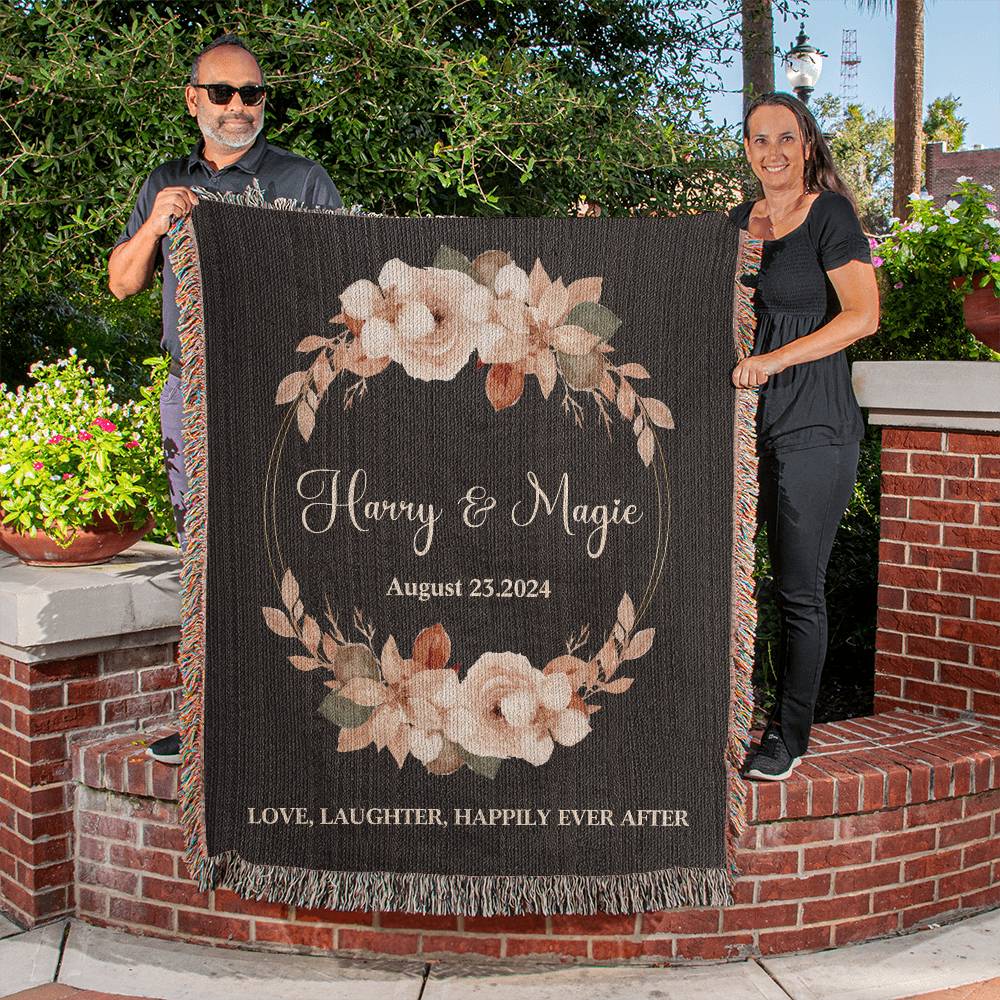 Personalized Name Wedding GIft Woven Blanket Love, Laughter, Happily Ever After Black