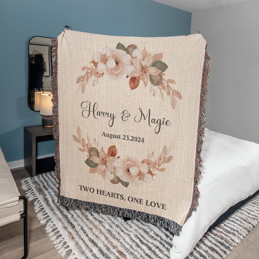 Personalized Name Wedding GIft Woven Blanket Two Hearts One LOve Cream