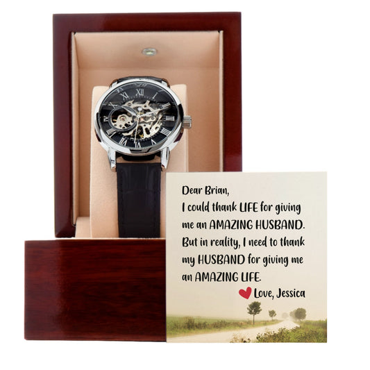 Personalized Open Work Watch with Heartfelt 'Amazing Husband' Message – Customizable with Husband's Name & Wife's Sign-Off