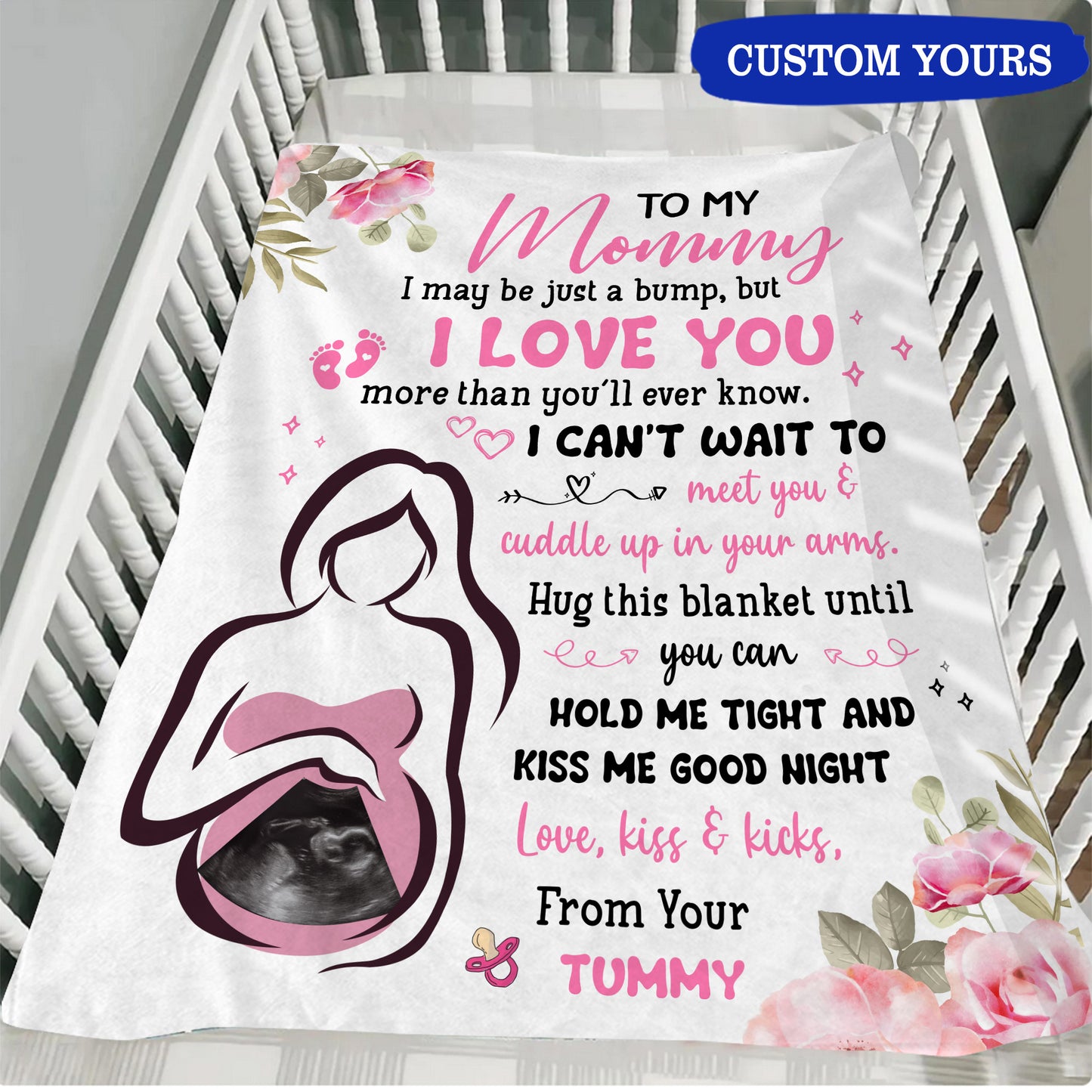 To My Mommy From Baby Bump Personalized  Blanket With Sonogram Photo - Great Gift For Expecting Mom