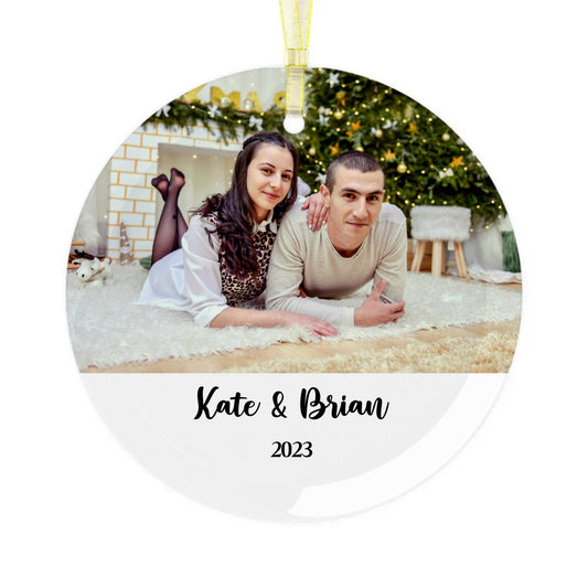 First Christmas Engaged Photo Glass Ornament - Keepsake Gift For Couple